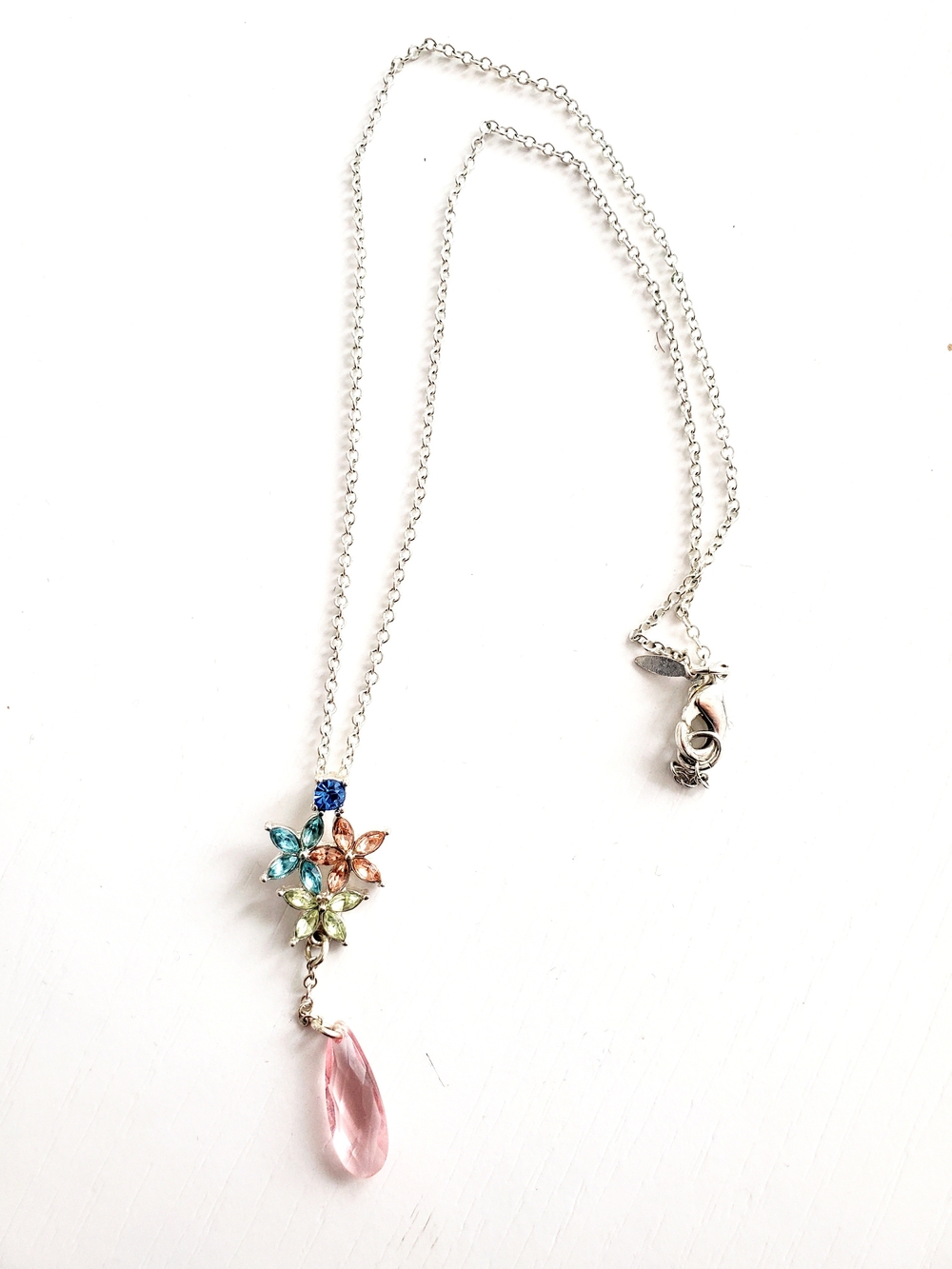 Multicolor Flower Crystal Necklace with Pink Teardrop